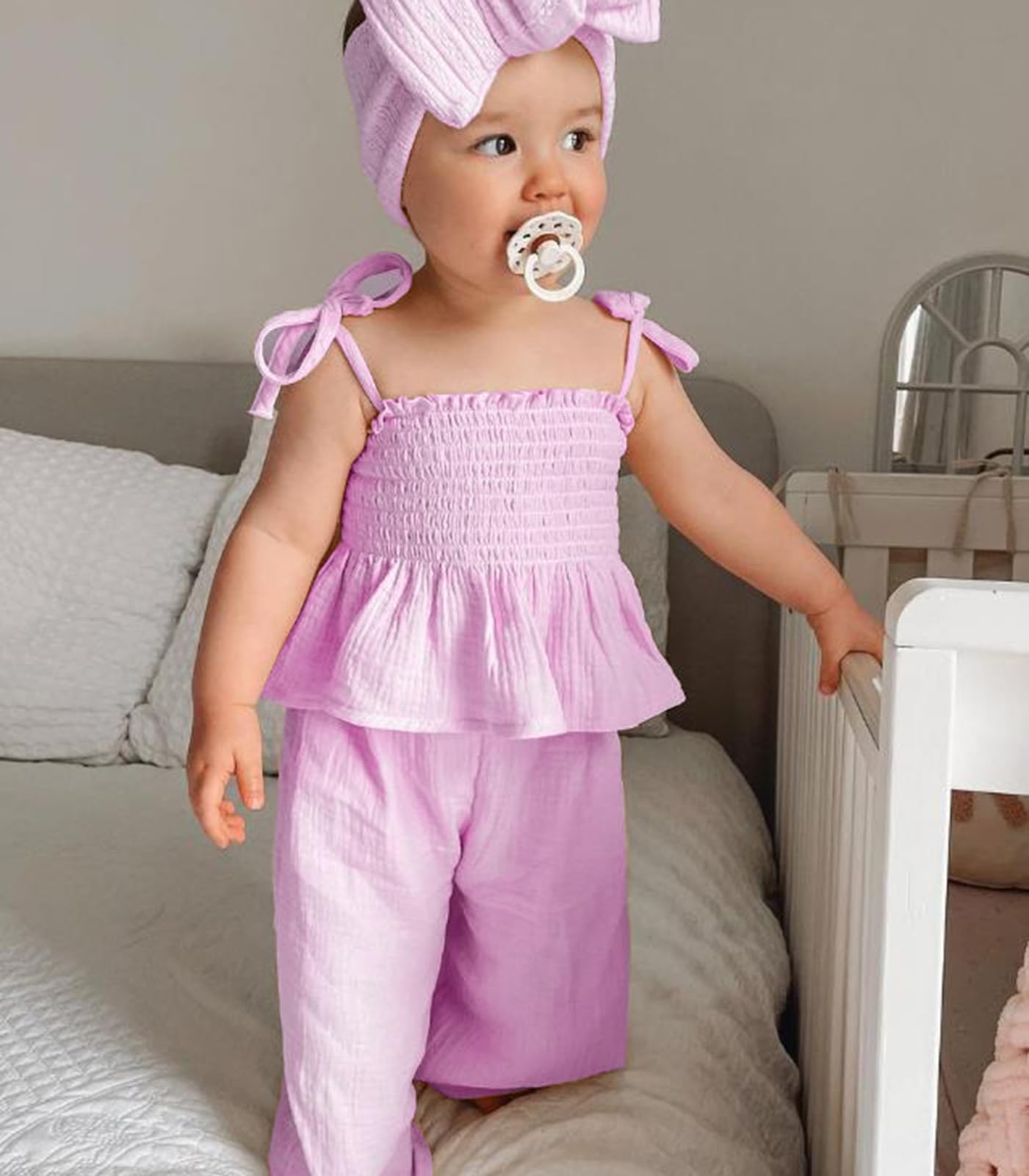 VISGOGO Infant Baby Toddler Girls Clothes Solid Color Sleeveless Camisole Linen Pants Set Baby Summer Outfits