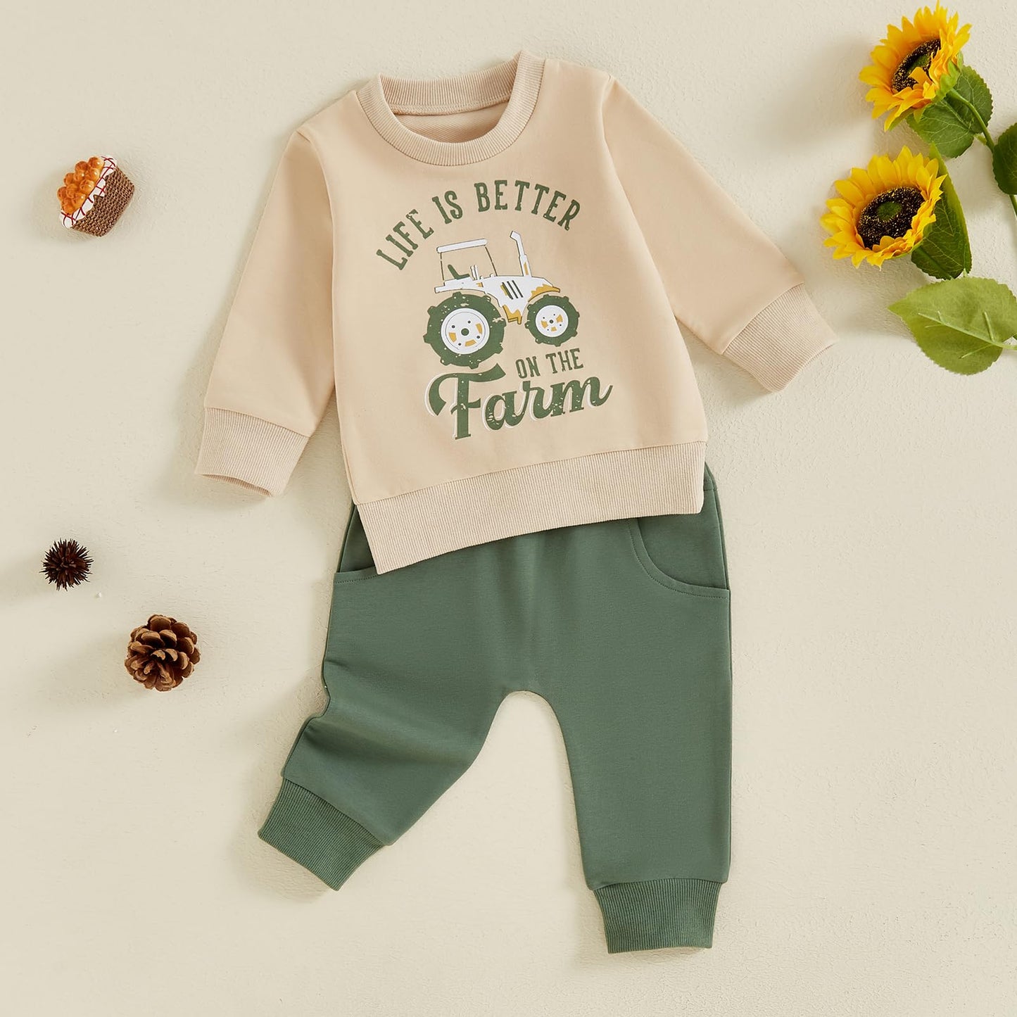 Toddler Baby Boy Fall Winter Outfits Tractor Print Long Sleeve Sweatshirt Pants Set Kids Sweatsuit Clothes