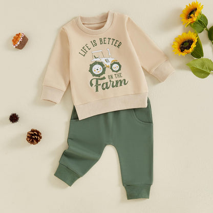 Toddler Baby Boy Fall Winter Outfits Tractor Print Long Sleeve Sweatshirt Pants Set Kids Sweatsuit Clothes