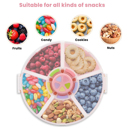 Kids Snack Rotator Container Reusable Snack Box with 5 Compartment Dispenser and Lid, Color Matching Opening Lid, BPA and PVC Free, for Toddlers, Babies, Home, School, Travel (1 Pack- Pink)