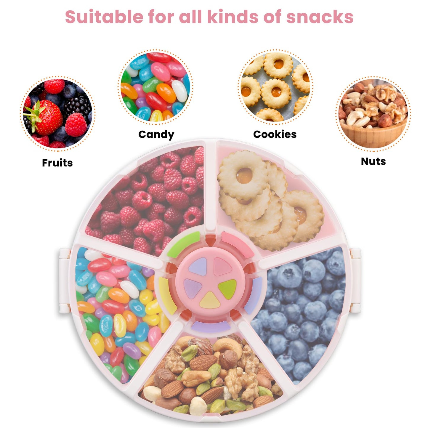 Kids Snack Rotator Container Reusable Snack Box with 5 Compartment Dispenser and Lid, Color Matching Opening Lid, BPA and PVC Free, for Toddlers, Babies, Home, School, Travel (1 Pack- Pink)