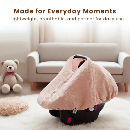 Konssy Car Seat Cover for Baby, Muslin Cotton Button Open Stroller Canopy for Babies Shower Gifts and Registry Search, Breathable Infant Sunshade Cover, Must Have for Unisex Boys and Girls, Fog Green
