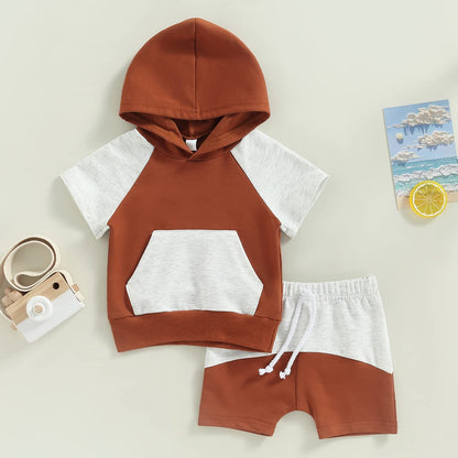 Toddler Baby Boy Summer Outfit Short Sleeve Hooded Stripes Top Casual Shorts Set Infant Newborn Clothes 6 12 18 24 Month