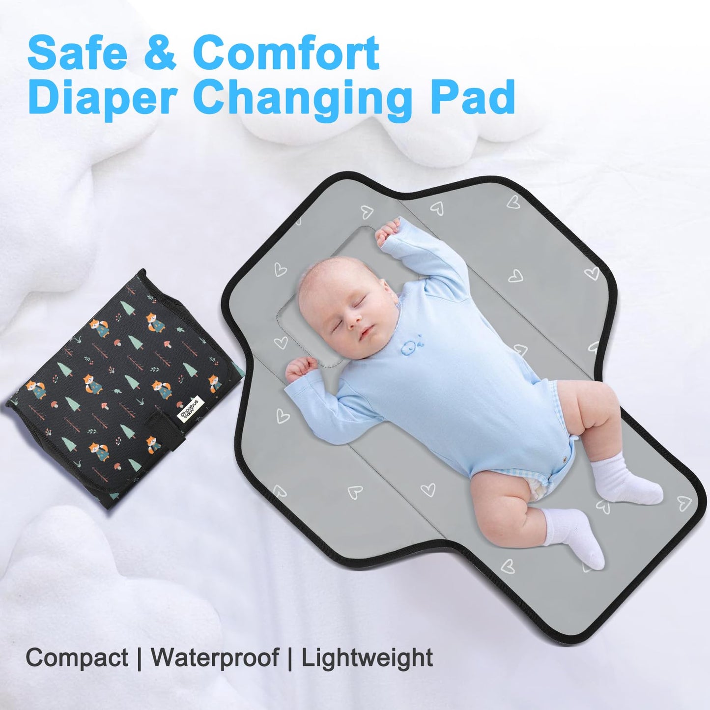 Baby Portable Changing Pad Travel - Waterproof Compact Diaper Changing Mat with Built-in Pillow - Lightweight & Foldable Changing Station, Newborn Shower Gifts