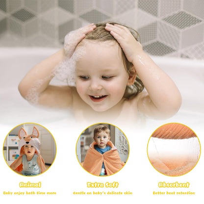 Hooded Baby Towels Boy for 0-6 Years, 50"x 32" Extra Large Toddler Bath Towels with Hood for Boys & Girls, 2-Pack Absorbent Thick Soft Gift for Kids Yellow Lion & Orange Monkey
