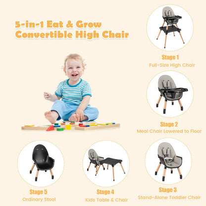 BABY JOY 6 in 1 High Chair, Convertible High Chairs for Babies and Toddlers/Booster Seat/Table and Chair Set, Infant Wooden Highchair w/ 5-Point Harness, 4-Position Removable Tray & PU Cushion, Coffee