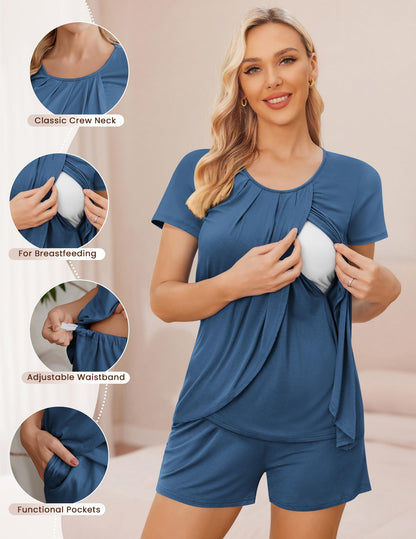 Ekouaer Women's Maternity Nursing Pajamas Set Breastfeeding Sleepwear Double Layer Short Sleeve Top & Shorts Nursing Pjs