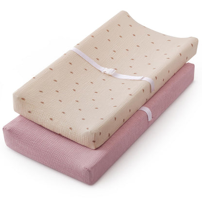 Blissful Diary Muslin Changing Pad Cover for Girls Boys, Ultra Soft Breathable Cotton, Baby Diaper Change Table Pad Covers, 2Pack (Roman Green&Leaf)