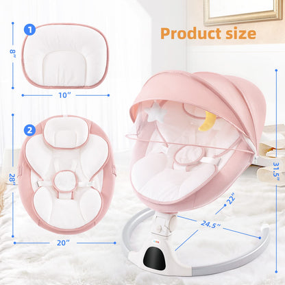 Jaoul Baby Swing for Infants - Electric Portable Newborn Bouncer With Bluetooth Touch Screen/Remote Control, Timing Function, 5 Speeds, 3 Seat Positions for Boys and Girls (Pink)