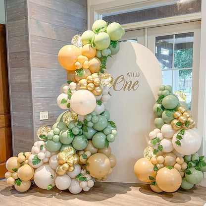 Sage Green Pink Balloon Arch Kit, Olive Green Light Pink Sand White Blush Metallic Gold Balloons with Gold Confetti Balloons for Girl Birthday Woodland Baby Shower Jungle Safari Decorations