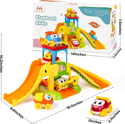 Marstone Toddler Toys for 1 2 Year Old Boys and Girls Gifts, Educational Elephant Slide with 4 Animal Cars Toys for Baby 12-18 Months, First Birthday Present Learning Push Truck Track Ages 1-2