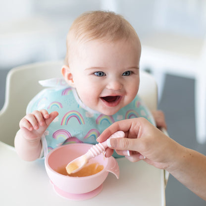 Bumkins Baby Bowls, Disney Minnie Mouse Silicone Baby Feeding Set, Suction Bowls for Baby and Toddler with Spoon, First Feeding Set, Platinum Silicone Bowl for Babies 4 Months