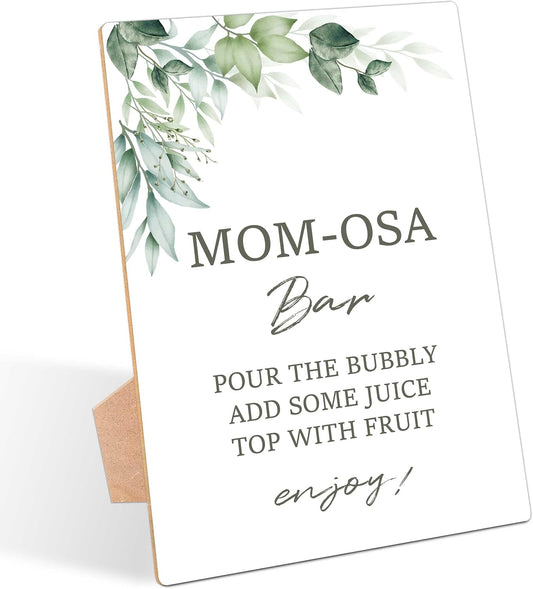 Greenery Baby Shower Table Sign, Mom-osa Bar Sign, Pack of 1 Wooden Tabletop Sign with Stand, Green Baby Shower Supplies, Gender Reveal Party Decorations - RG21