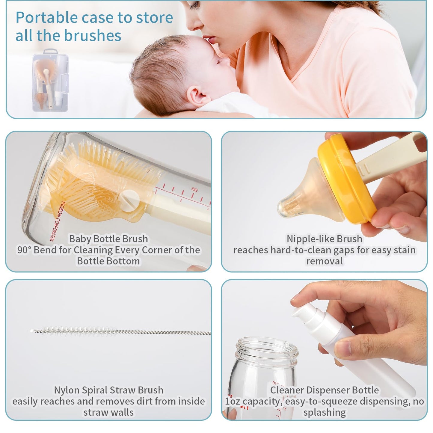 VOOWO Portable Bottle Cleaner Kit Travel Set, Silicone Baby Bottle Cleaner, Straw and Nipple Brush, Soap Dispenser (Purple)