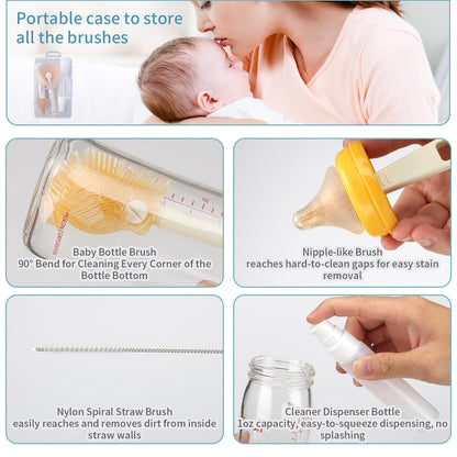 VOOWO Portable Bottle Cleaner Kit Travel Set, Silicone Baby Bottle Cleaner, Straw and Nipple Brush, Soap Dispenser (Purple)