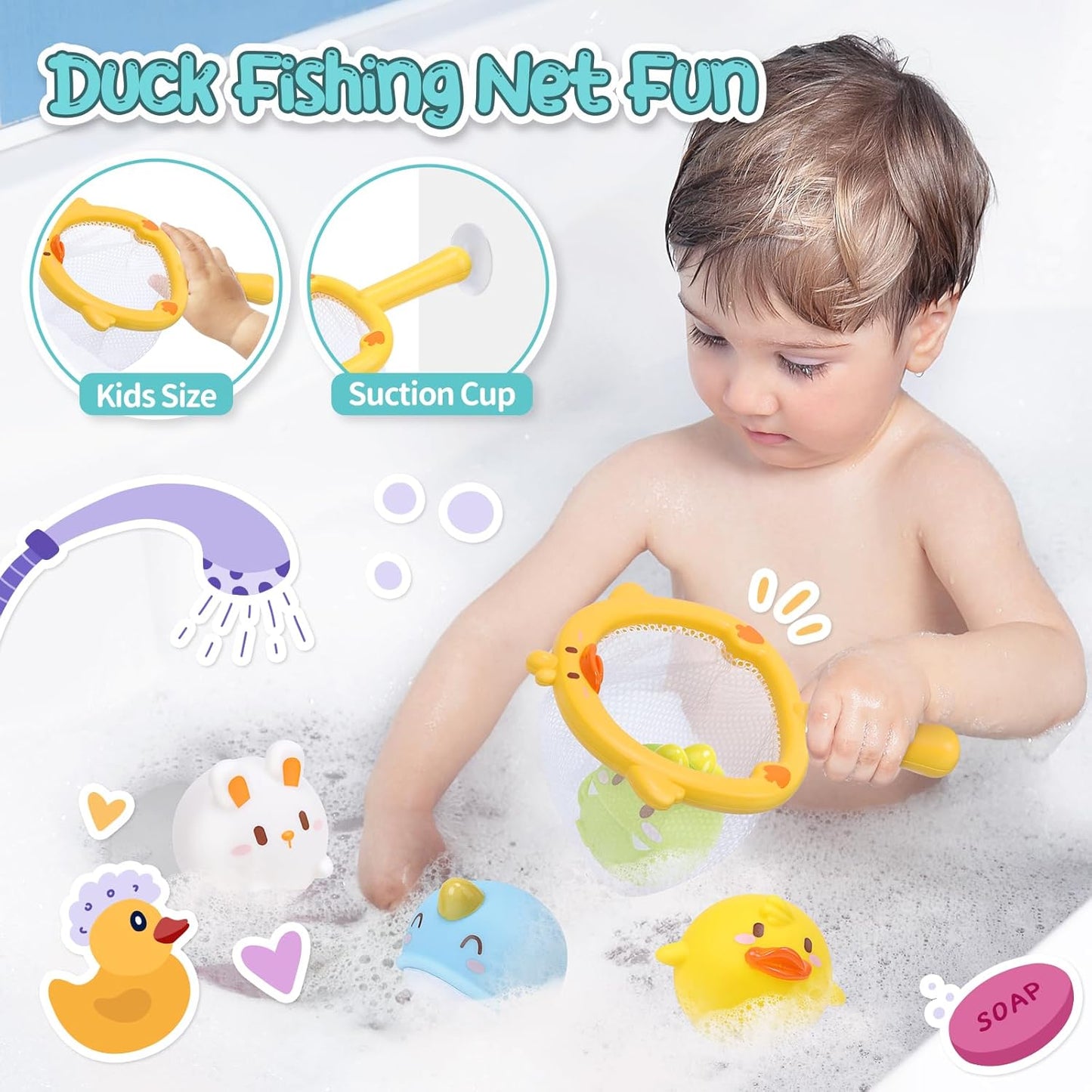 CUTE STONE Baby Bath Toys, Bathtub Toy W/ Water Slide Building Track, No Hole Floating Squirting Toys, Duck Fishing Net Game, Toddler Shower Toys, Water& Pool Toys, Educational Gifts for Boys Girls