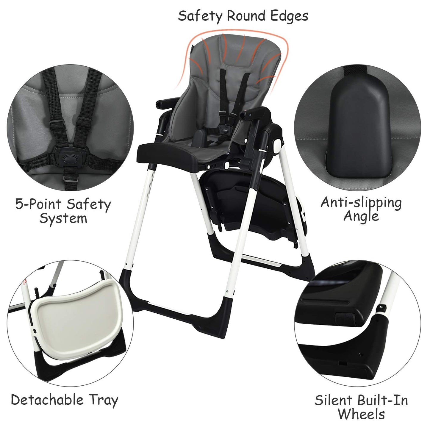 INFANS High Chair for Babies & Toddlers, Foldable Highchair with Multiple Adjustable Backrest, Footrest and Seat Height, Removable Tray, Detachable PU Leather Cushion, Built-in Rear Wheels (Black)