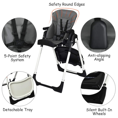 INFANS High Chair for Babies & Toddlers, Foldable Highchair with Multiple Adjustable Backrest, Footrest and Seat Height, Removable Tray, Detachable PU Leather Cushion, Built-in Rear Wheels (Black)