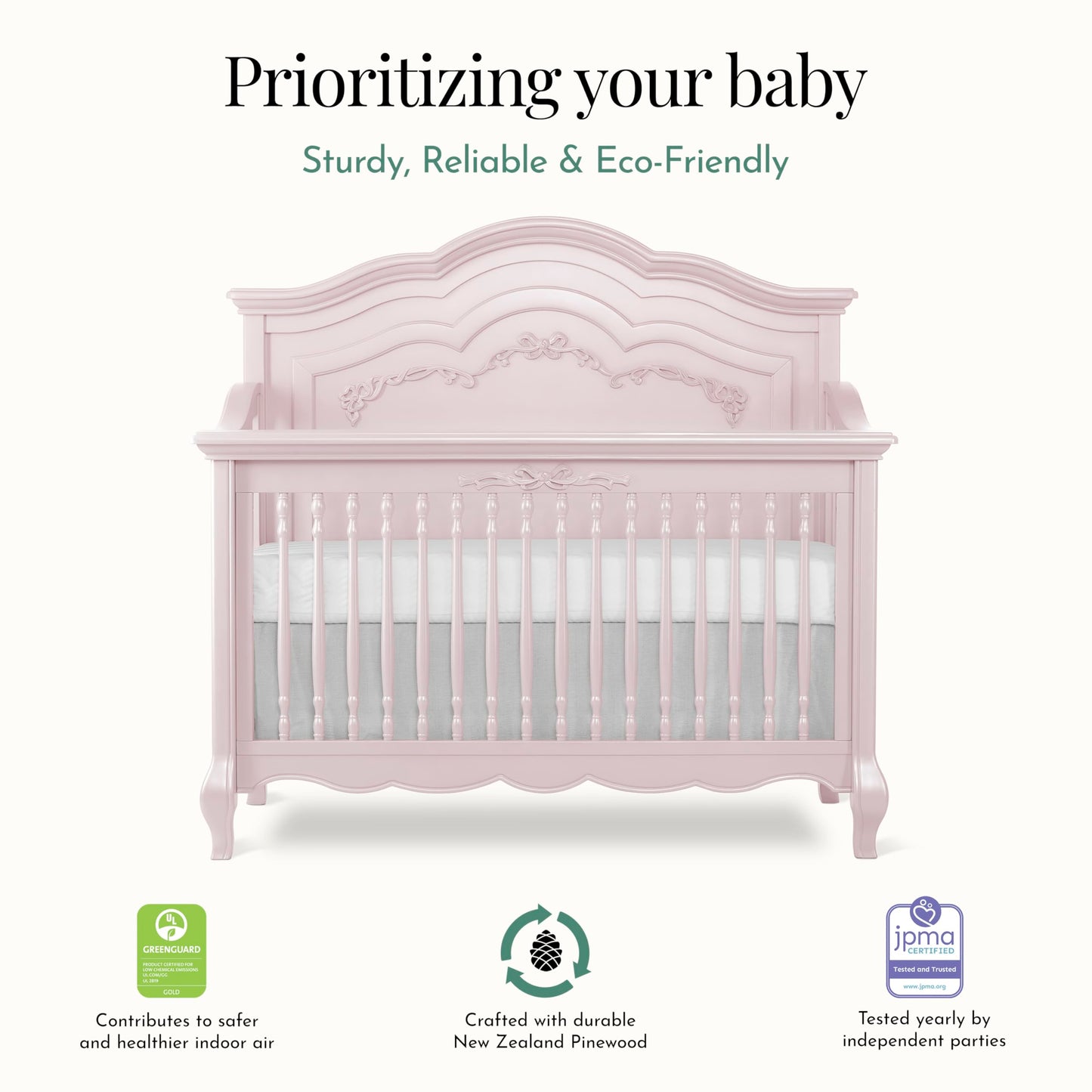 Evolur Aurora 5-in-1 Convertible Crib in Ivory Lace, Greenguard Gold Certified, Features 3 Mattress Height Settings, Sturdy and Spacious Baby Crib, Wooden Furniture