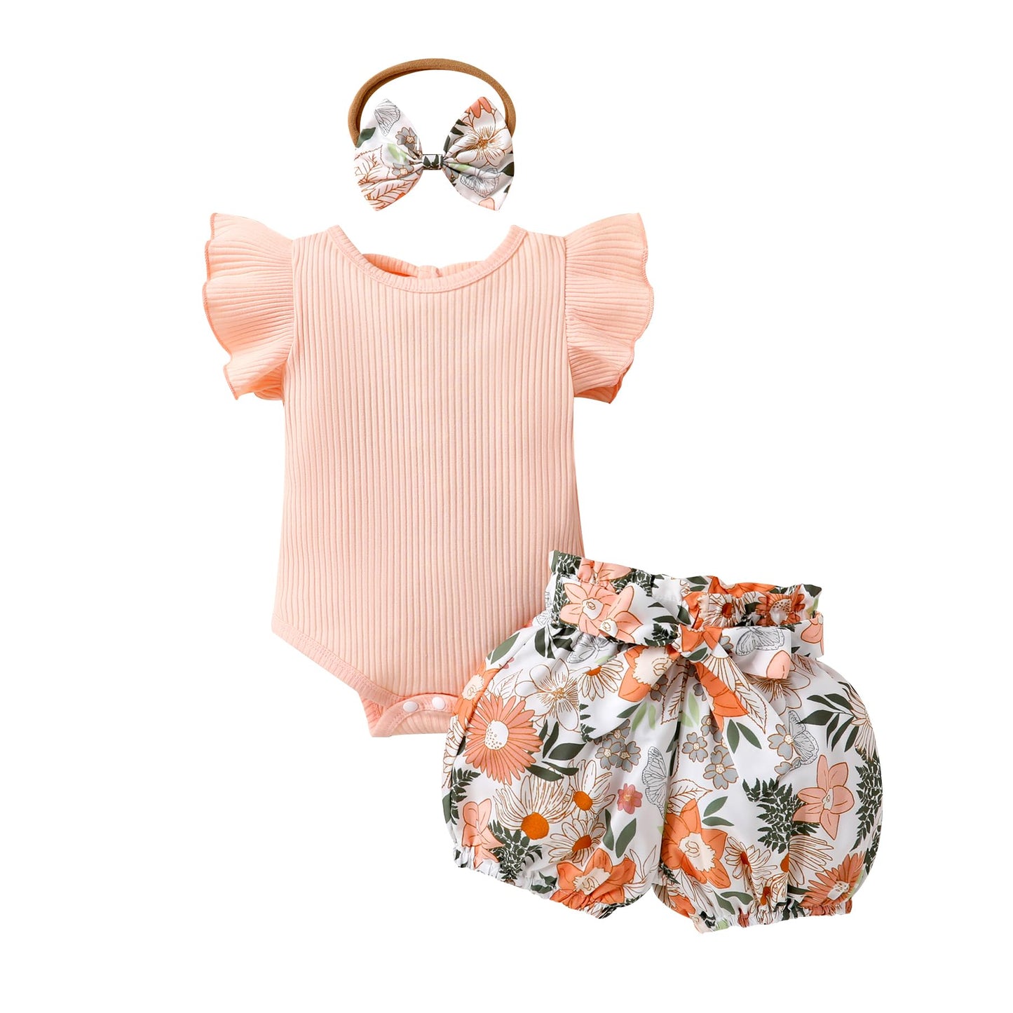 Tiny Cutey Baby Girl Clothes Infant Summer Outfits Set Ruffle Sleeve Romper and Floral Shorts with Headband