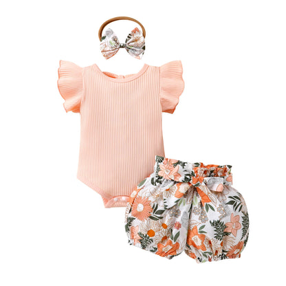 Tiny Cutey Baby Girl Clothes Infant Summer Outfits Set Ruffle Sleeve Romper and Floral Shorts with Headband