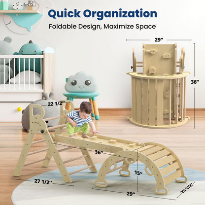 BlueWood Pikler Triangle Set 7-in-1 Foldable Baby Climbing Wooden Toys with Arch&Ramp&Ladder Climber Indoor Jungle Gyms for Toddlers - Rainbow