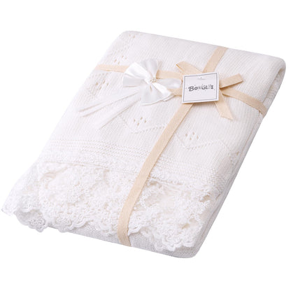 Booulfi Knit White Baby Blankets Neutral,Crib Stroller Newborn Blankets for Boys Girls,Cotton Lace Crochet Winter Blanket Nursery Blanket New Baby Essentials, 38X39