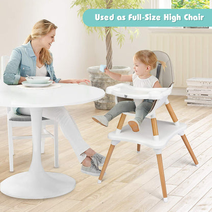 BABY JOY 6 in 1 High Chair, Convertible High Chairs for Babies and Toddlers/Booster Seat/Table and Chair Set, Infant Wooden Highchair w/ 5-Point Harness, 4-Position Removable Tray & PU Cushion, Coffee