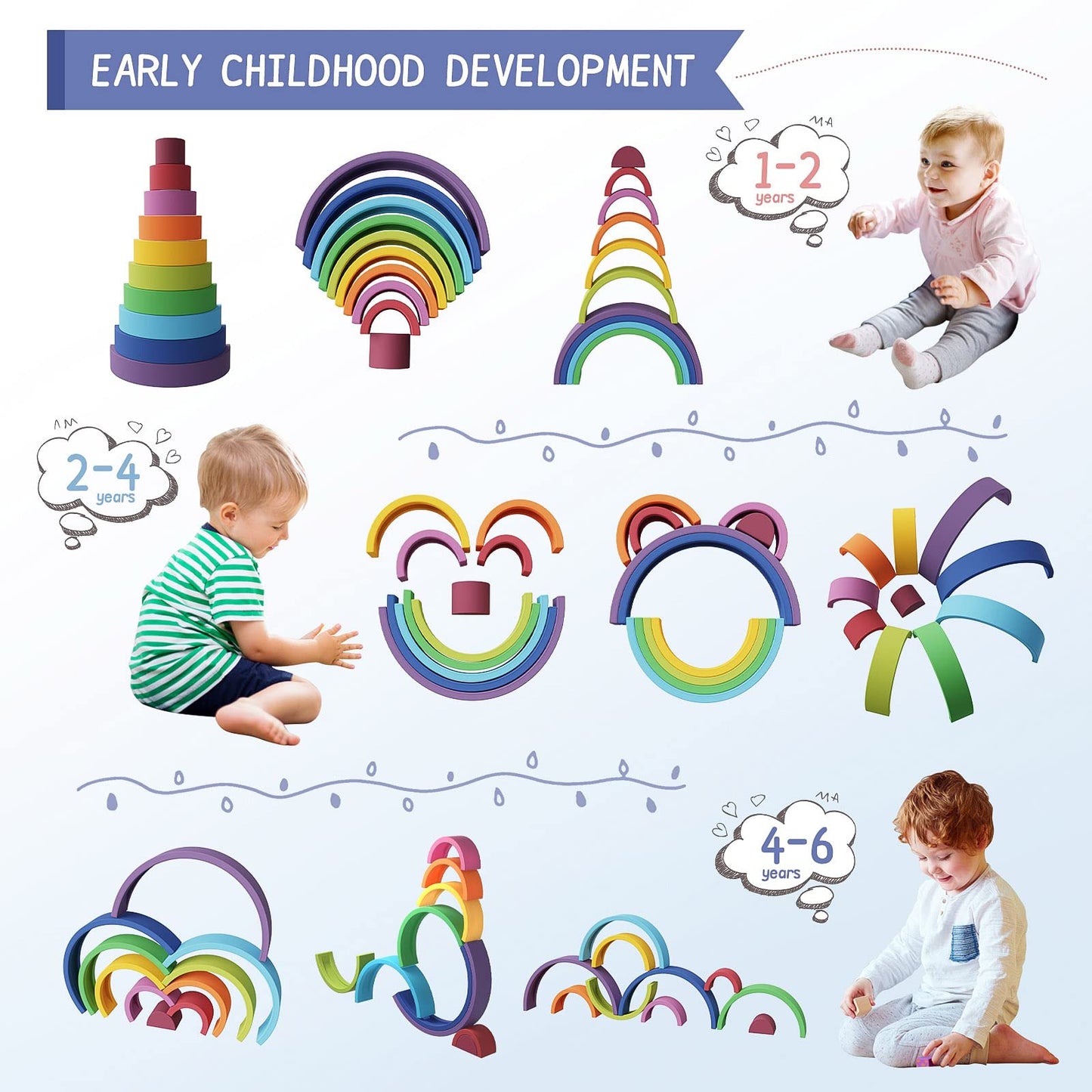 MCGMITT Rainbow Stacking Toy, Silicone Rainbow Stacker for Toddlers, Montessori Nesting Blocks, Building Creative Color Shape Matching Toy Set, 10 Layers