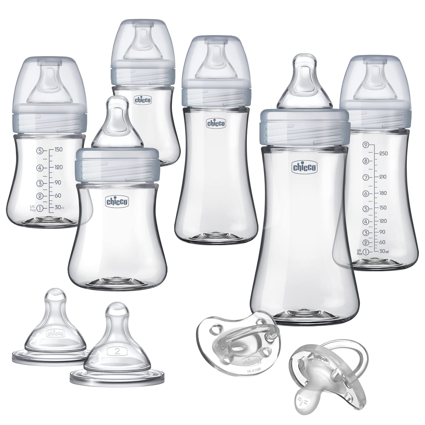Chicco Duo 5oz. Hybrid Baby Bottle with Invinci-Glass Inside and Plastic Outside | Dishwasher, Bottle Warmer, and Electric Sterilizer Safe | Intui-Latch Nipple | Clear/Grey, 2pk