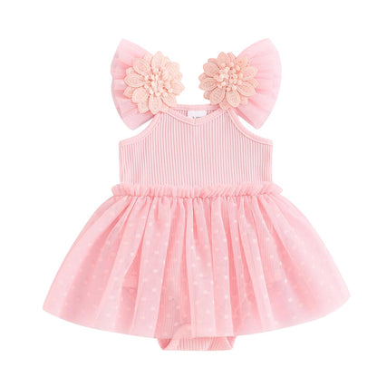 Hnyenmcko Newborn Baby Girl Summer Romper Dress Infant Fly Sleeve Flower Embroidery Mesh Tulle Skirt Hem Ribbed Bodysuit