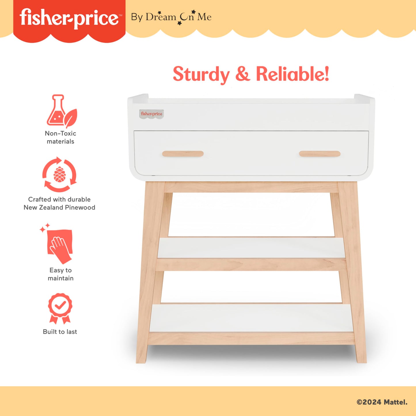 Fisher-Price Iris/Siesta Changing Table by Dream On Me, Blush Pink, JPMA & Greenguard Gold Certified, with a Bottom Closed Drawer and Two Open Shelves for Storage