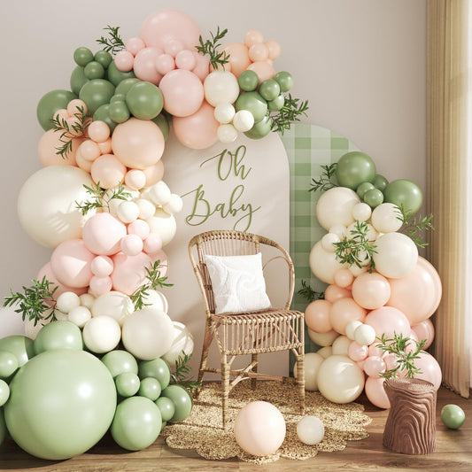 Sage Green Pink Balloon Arch kit,131Pcs Pastel Pink Green Sand White Peach Balloon Arch Graland Kit for Baby Shower Wedding Bridal Birthday Gender Reveal Party Decorations