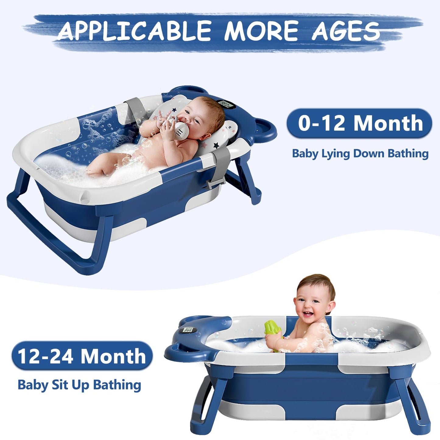 MoreFeel Collapsible Baby Bathtub for Newborn with Thermometer & 1 Hooded Towel & 1 Soft Floating Cushion,Portable Travel Bathtub with Drain Hole, Durable Foldable Baby Tubs for Infants to Toddler