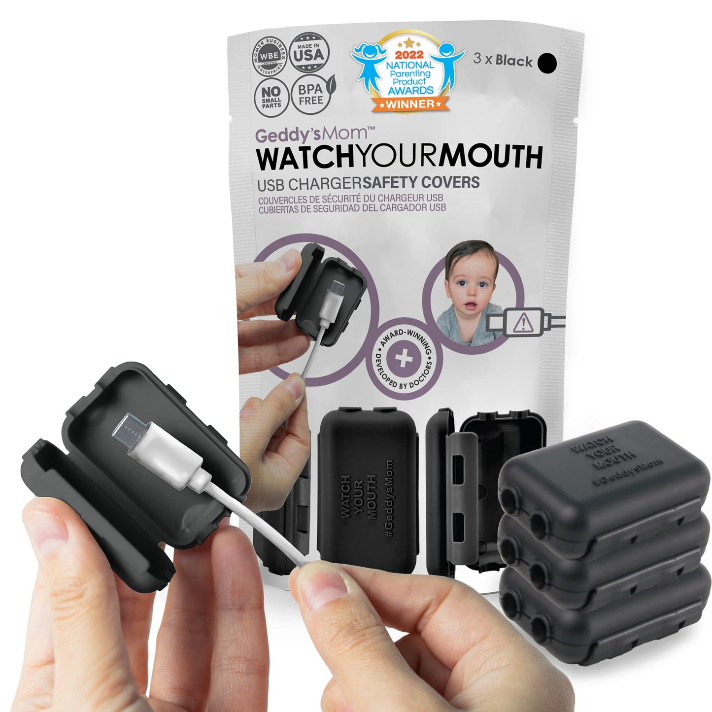 Geddy´s Mom Watch Your Mouth USB Charger Protector Award-Winning Baby Proof Cord Protector| BPA & Phthalate-Free Charger Protector | Electrical Safety Baby Products (3-Pack, White)