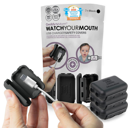 Geddy´s Mom Watch Your Mouth USB Charger Protector Award-Winning Baby Proof Cord Protector| BPA & Phthalate-Free Charger Protector | Electrical Safety Baby Products (3-Pack, White)