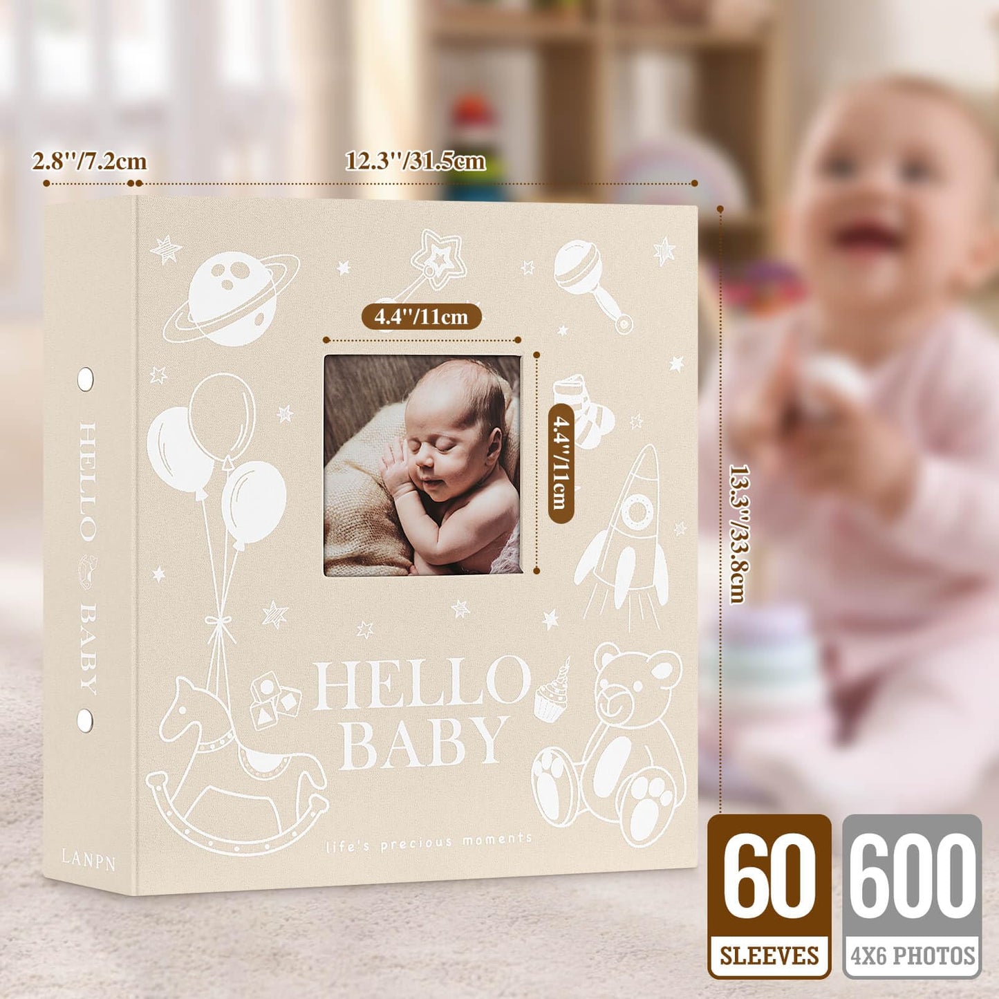Lanpn Baby Photo Album 4x6 300 Pockets, Linen Newborn Bebe Ultrasound Photo Album with Memo Writing Area, Cover Photo Book, Picture Album for kids, Baby Girl Boy Memory Book Keepsake Colorful