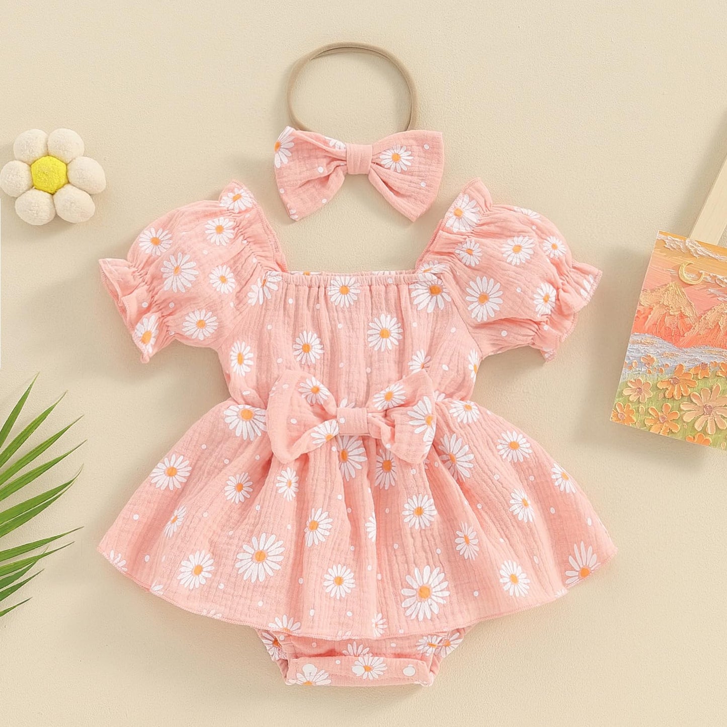 Baby Girls Daisy Romper Bowknot Bodysuit+Headband Short Sleeve Playsuits Floral Jumpsuit Infant Summer Clothes
