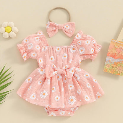 Baby Girls Daisy Romper Bowknot Bodysuit+Headband Short Sleeve Playsuits Floral Jumpsuit Infant Summer Clothes