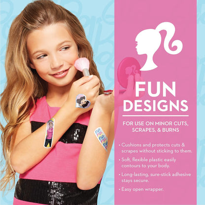 Barbie Antibacterial Kids Bandages, 3 Assorted Sizes 100 CT | Wear Like Stickers, Flexible Adhesive Bandages for Minor Cuts, Scrapes, and Burns. Great Gift idea for Kids