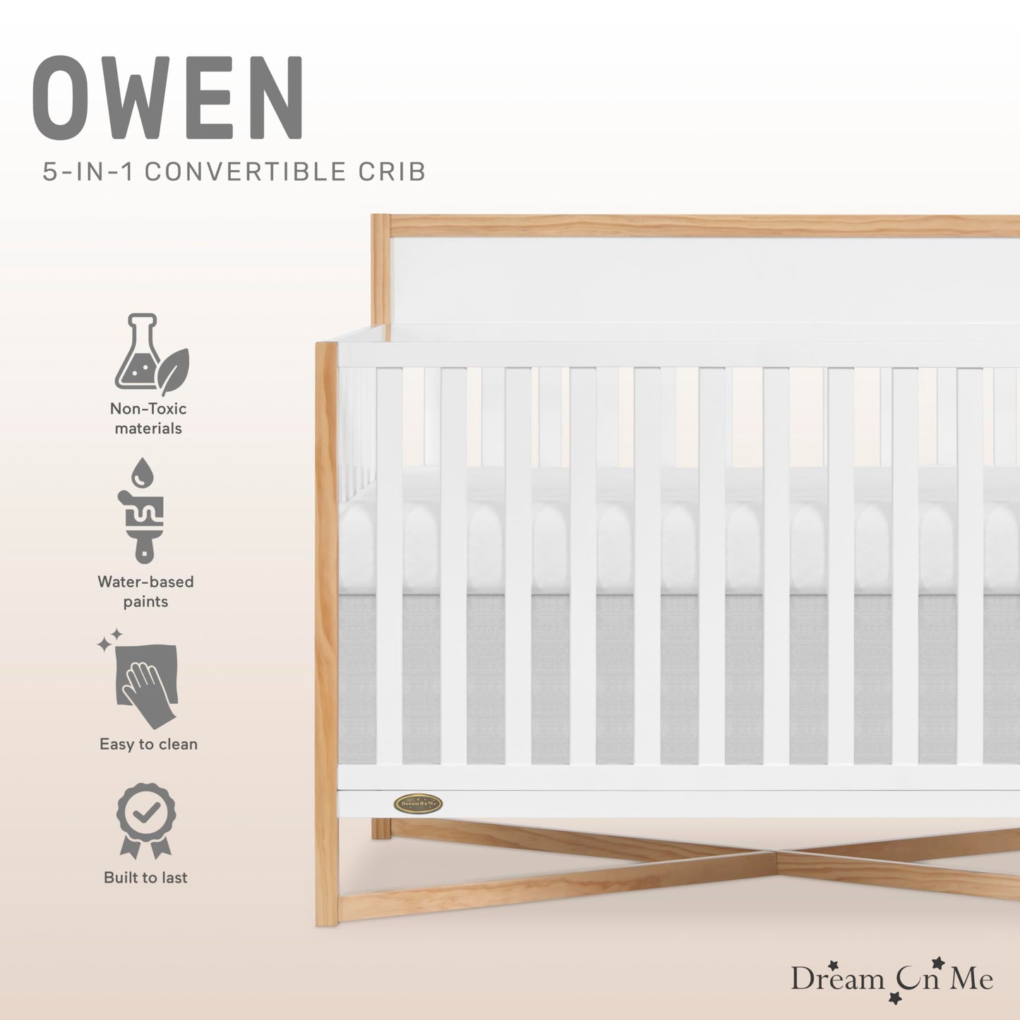 Dream On Me Owen 5-in-1 Convertible Crib in White Oak, Greenguard Gold & JPMA Certified Baby Crib, Converts from Crib to Toddler Bed, Day Bed, Kids Sofa & Full Size Bed