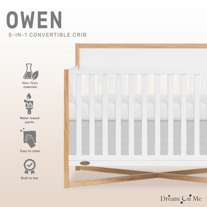 Dream On Me Owen 5-in-1 Convertible Crib in White Oak, Greenguard Gold & JPMA Certified Baby Crib, Converts from Crib to Toddler Bed, Day Bed, Kids Sofa & Full Size Bed