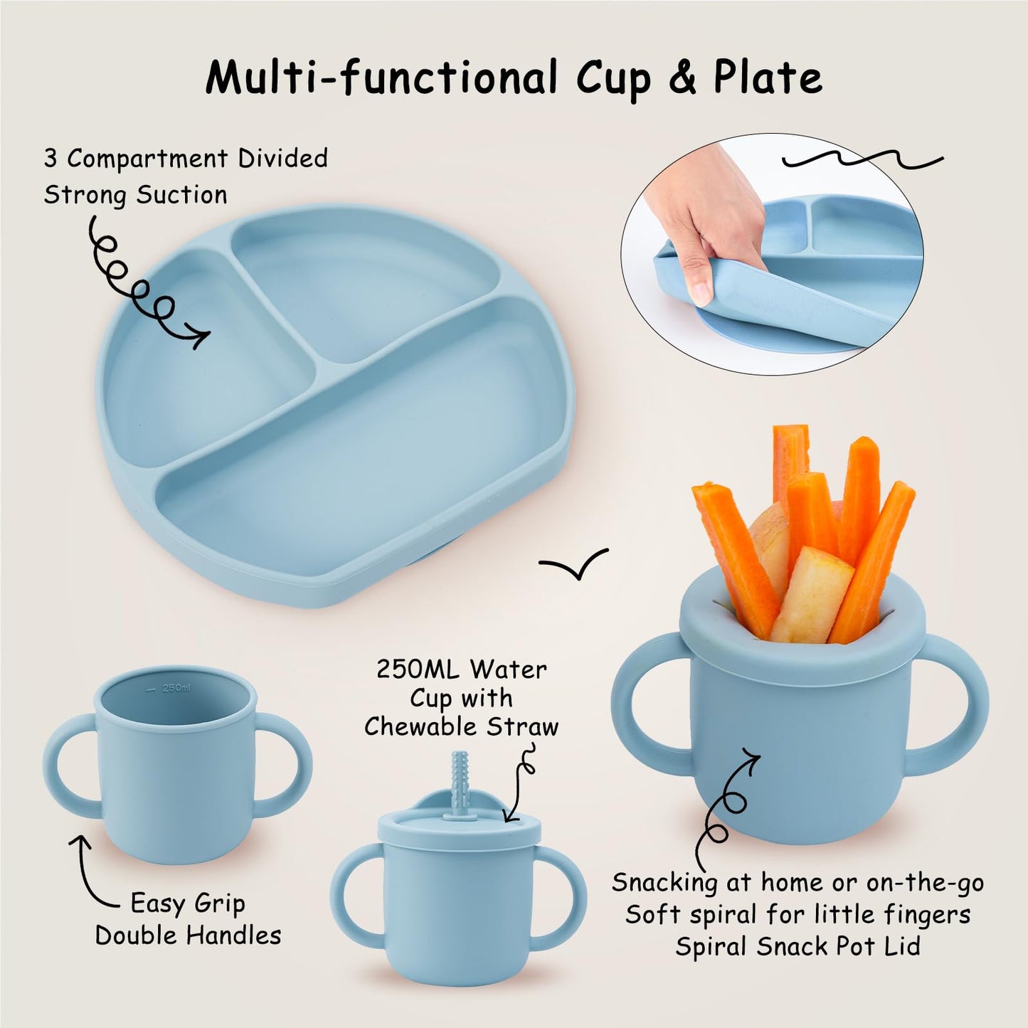 Baby Feeding Set, 13PCS Silicone Baby Self Feeding Set, Toddler Led Weaning Utensils Set with Suction Bowl and Plate, 3 Set of Baby Spoon and Fork, Adjustable Bid, Sippy Cup with Straw and 2 Lids