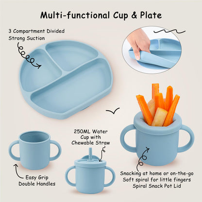 Baby Feeding Set, 13PCS Silicone Baby Self Feeding Set, Toddler Led Weaning Utensils Set with Suction Bowl and Plate, 3 Set of Baby Spoon and Fork, Adjustable Bid, Sippy Cup with Straw and 2 Lids
