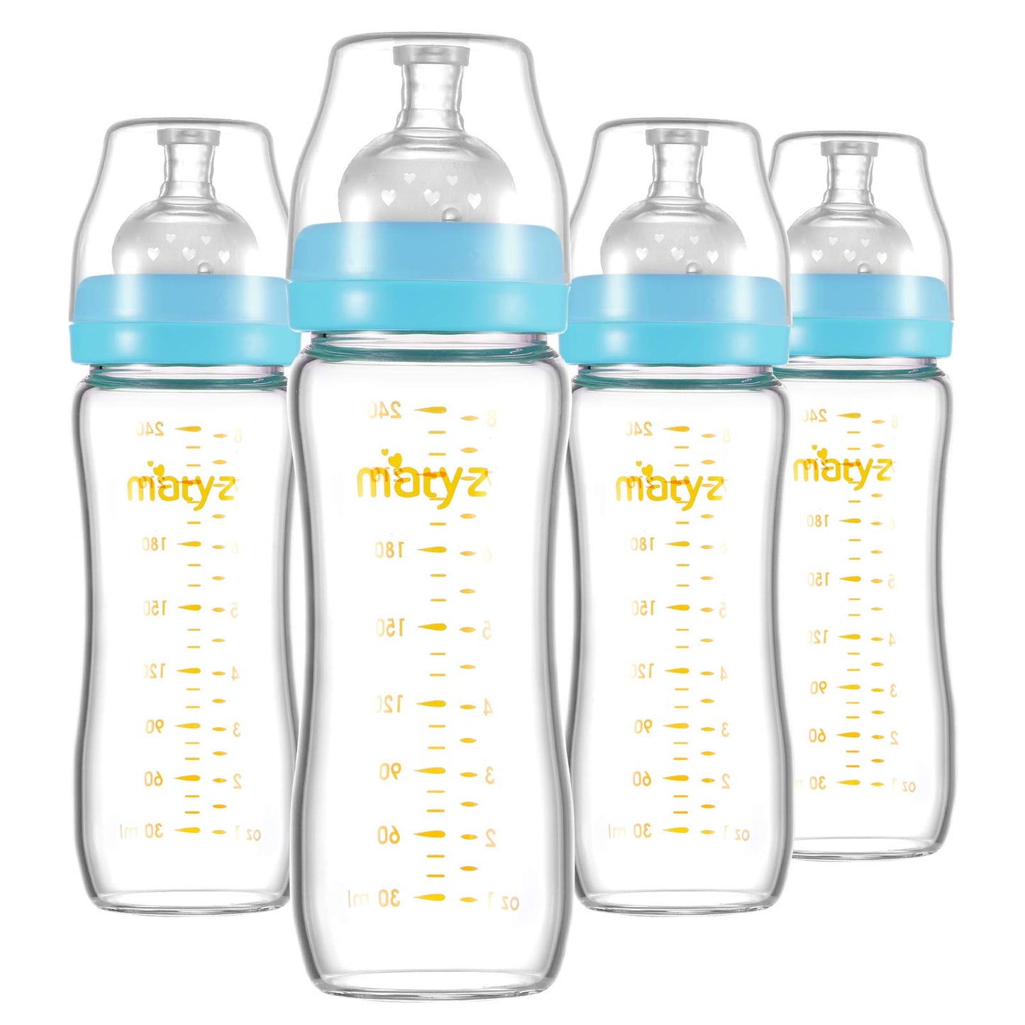 Matyz 8 Ounce Glass Baby Feeding Bottle With Nipple - Light and Slim, Easy to Hold and Clean - Food Grade Borosilicate Glass, Wide Neck for Breastmilk Feeding, No BPA (Pink Lids)
