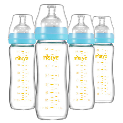 Matyz 8 Ounce Glass Baby Feeding Bottle With Nipple - Light and Slim, Easy to Hold and Clean - Food Grade Borosilicate Glass, Wide Neck for Breastmilk Feeding, No BPA (Pink Lids)
