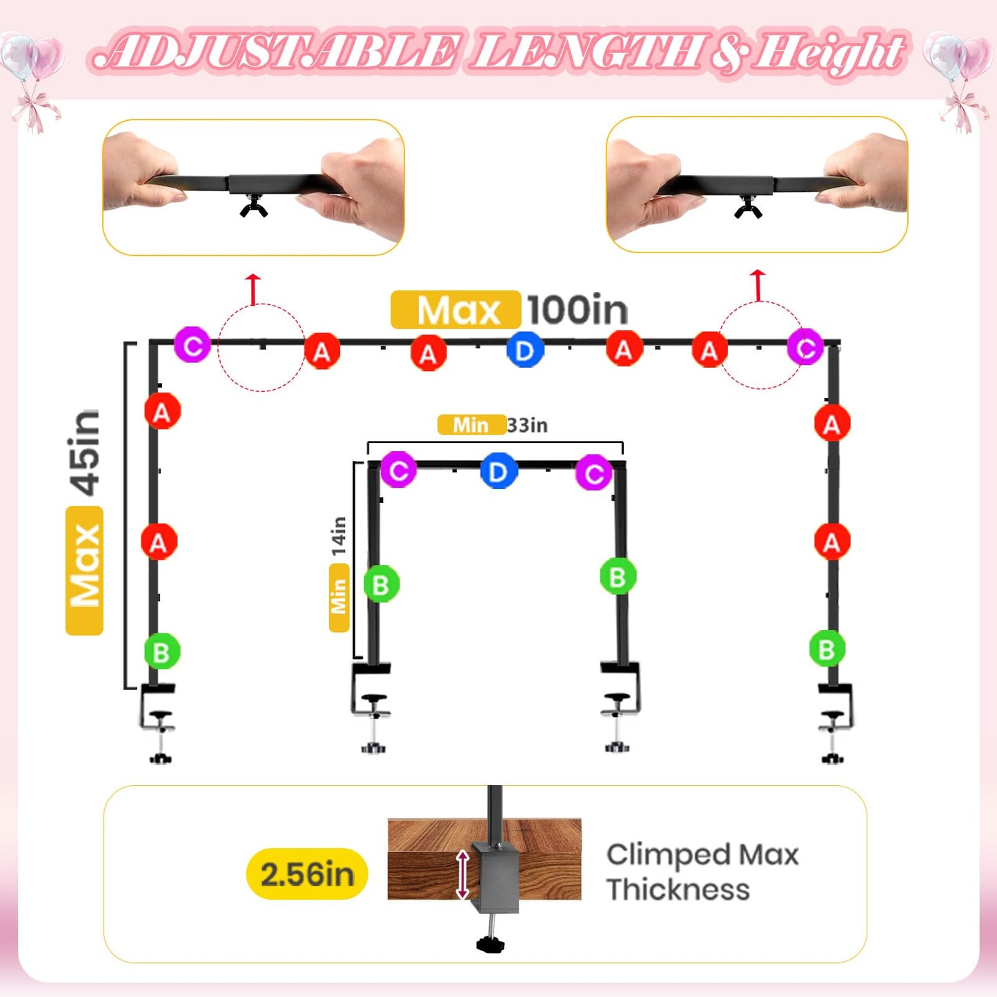 Over The Table Rod Stand with Clamps,Black 33"-100" Adjustable Table Top Frame Backdrop Stand Table Balloon Stand for Wedding Halloween Birthday Party Birthday Christmas Baby Shower Decor