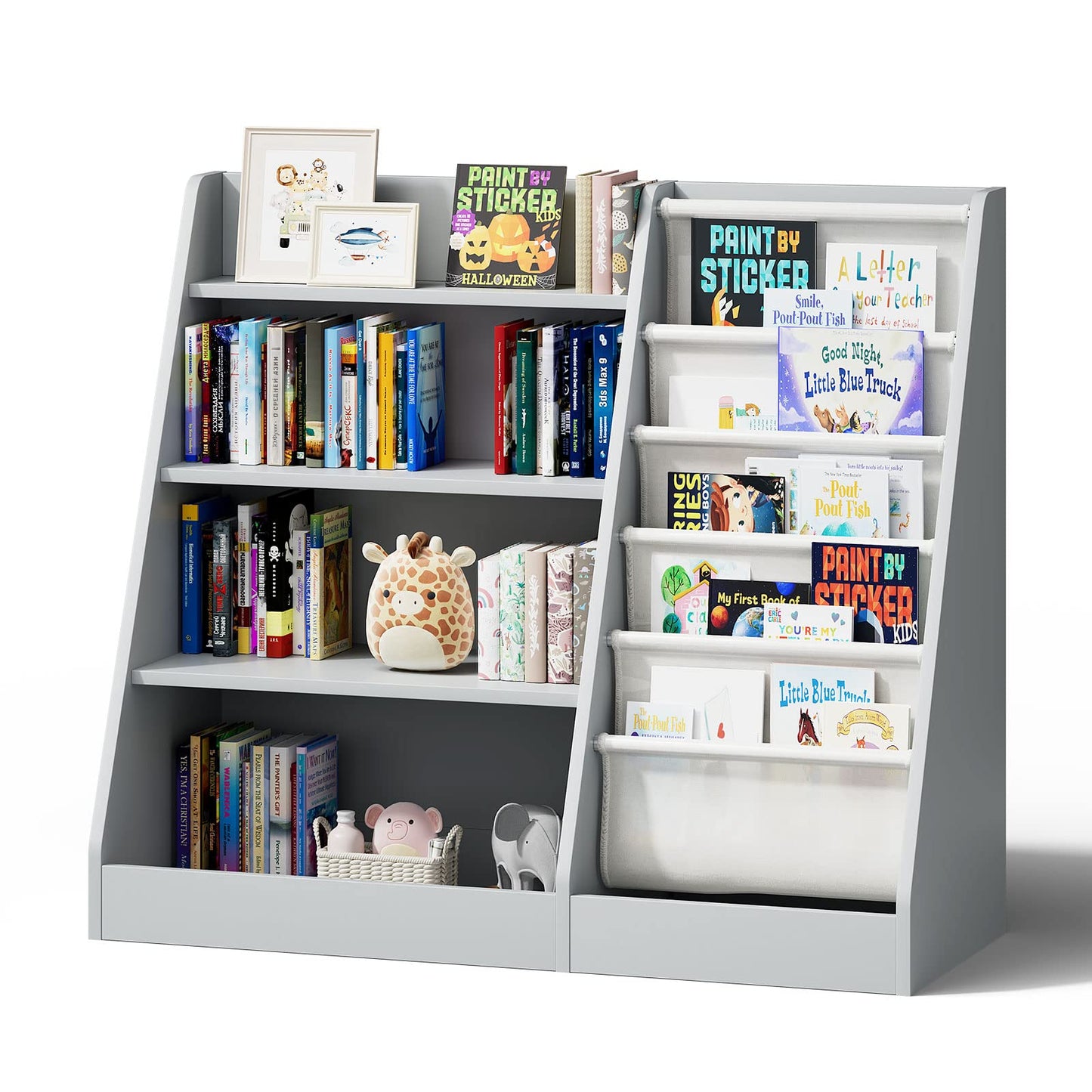 White Kids Bookshelf Wood Toy Storage Organizer Cabinet Children Bookcase Toddler Baby Sling Book Rack 3 Cube Bins Fabric Drawers for Playroom Bedroom Nursery School