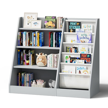 White Kids Bookshelf Wood Toy Storage Organizer Cabinet Children Bookcase Toddler Baby Sling Book Rack 3 Cube Bins Fabric Drawers for Playroom Bedroom Nursery School