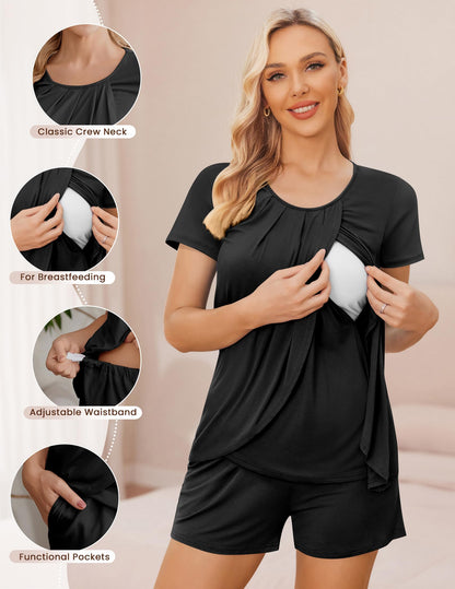 Ekouaer Women's Maternity Nursing Pajamas Set Breastfeeding Sleepwear Double Layer Short Sleeve Top & Shorts Nursing Pjs